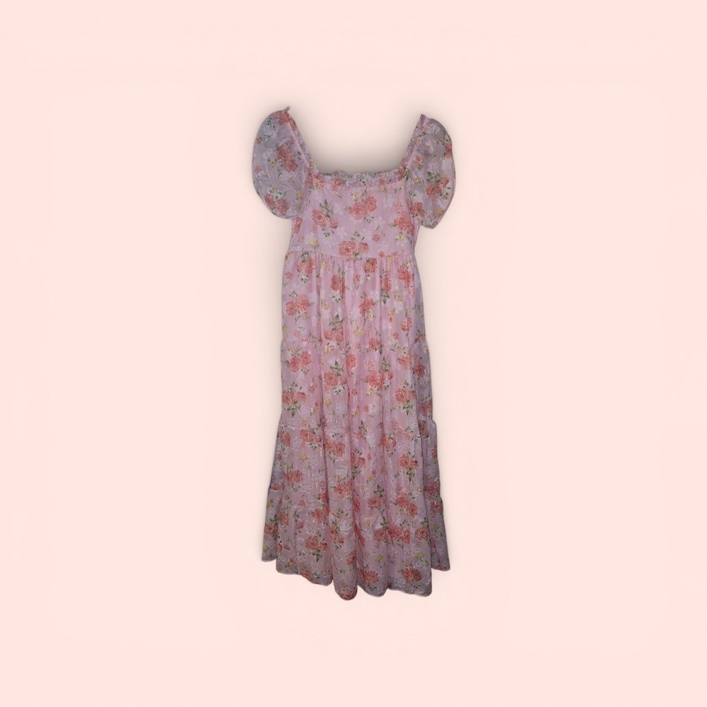 NWT Rare Editions Girls Pink Floral Tiered Maxi Dress Puff Slv Cottagecore Sz XL